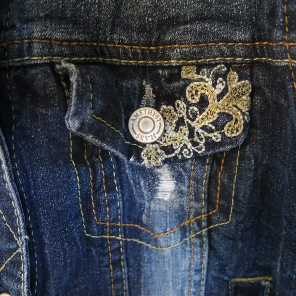 AMETHYST JEANS Denim Jean Vest Size S* Embroidery Distressed Blue Boho Casual